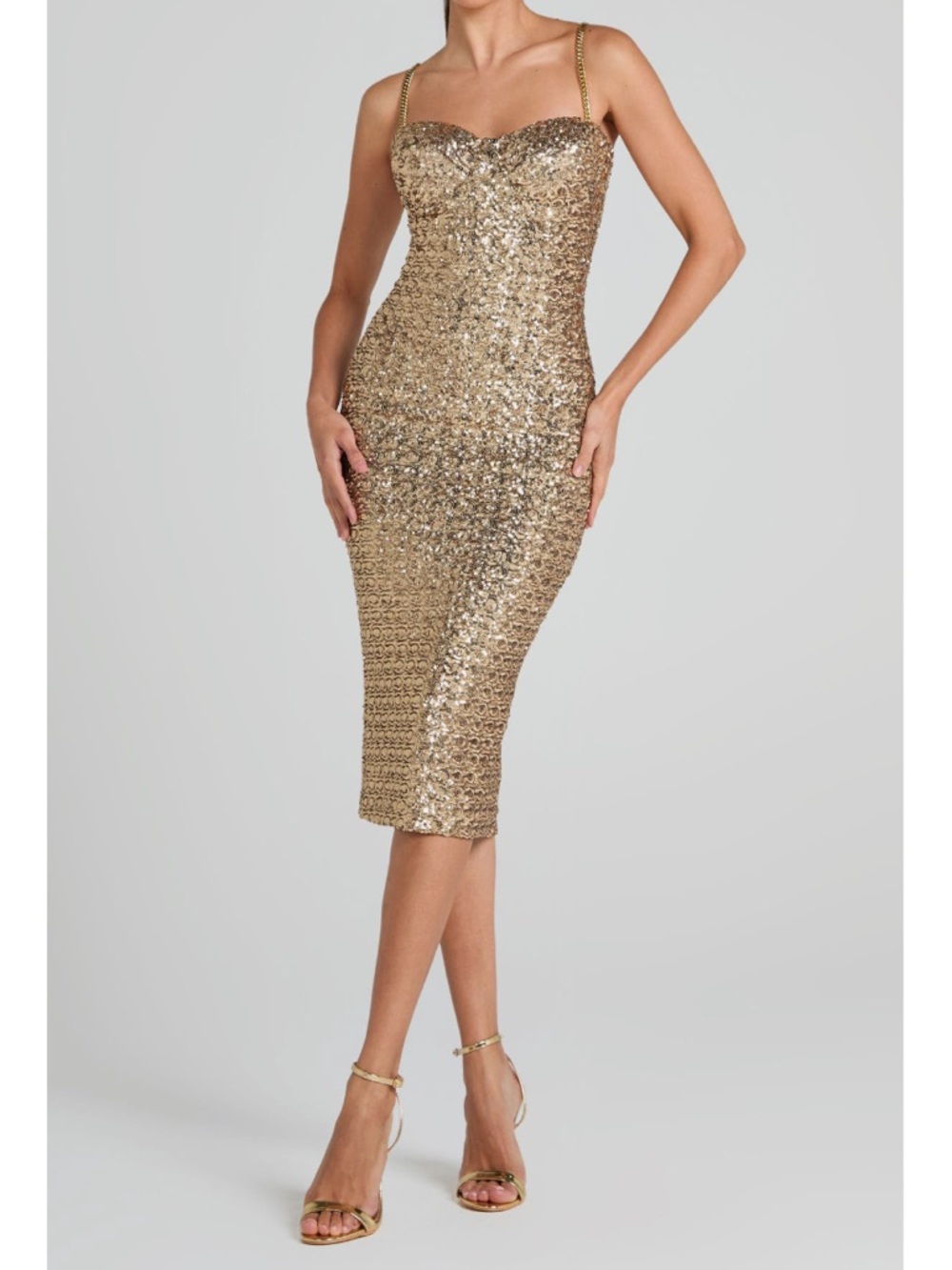 NADINE MERABI Nina Gold Sequin Sweetheart Midi Dress